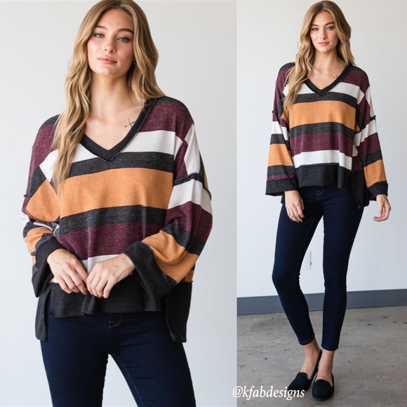 LAST FEW! V Neck Large Striped Soft Top In a Relaxed Style and Rich Colors! - Picture 3 of 7
